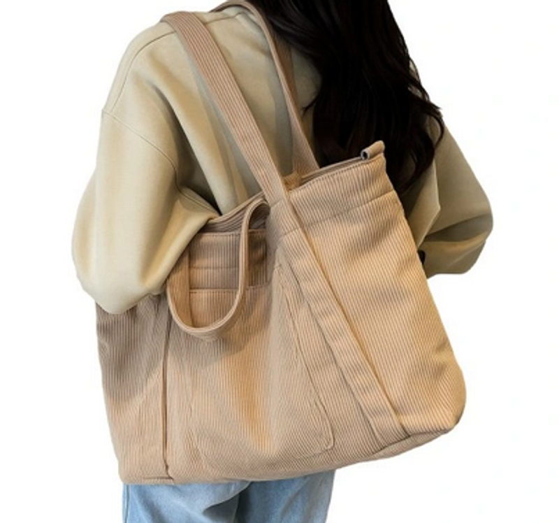 Damska beżowa torba na ramię typu shopper – duża – pojemna i miejska, z zamkiem błyskawicznym